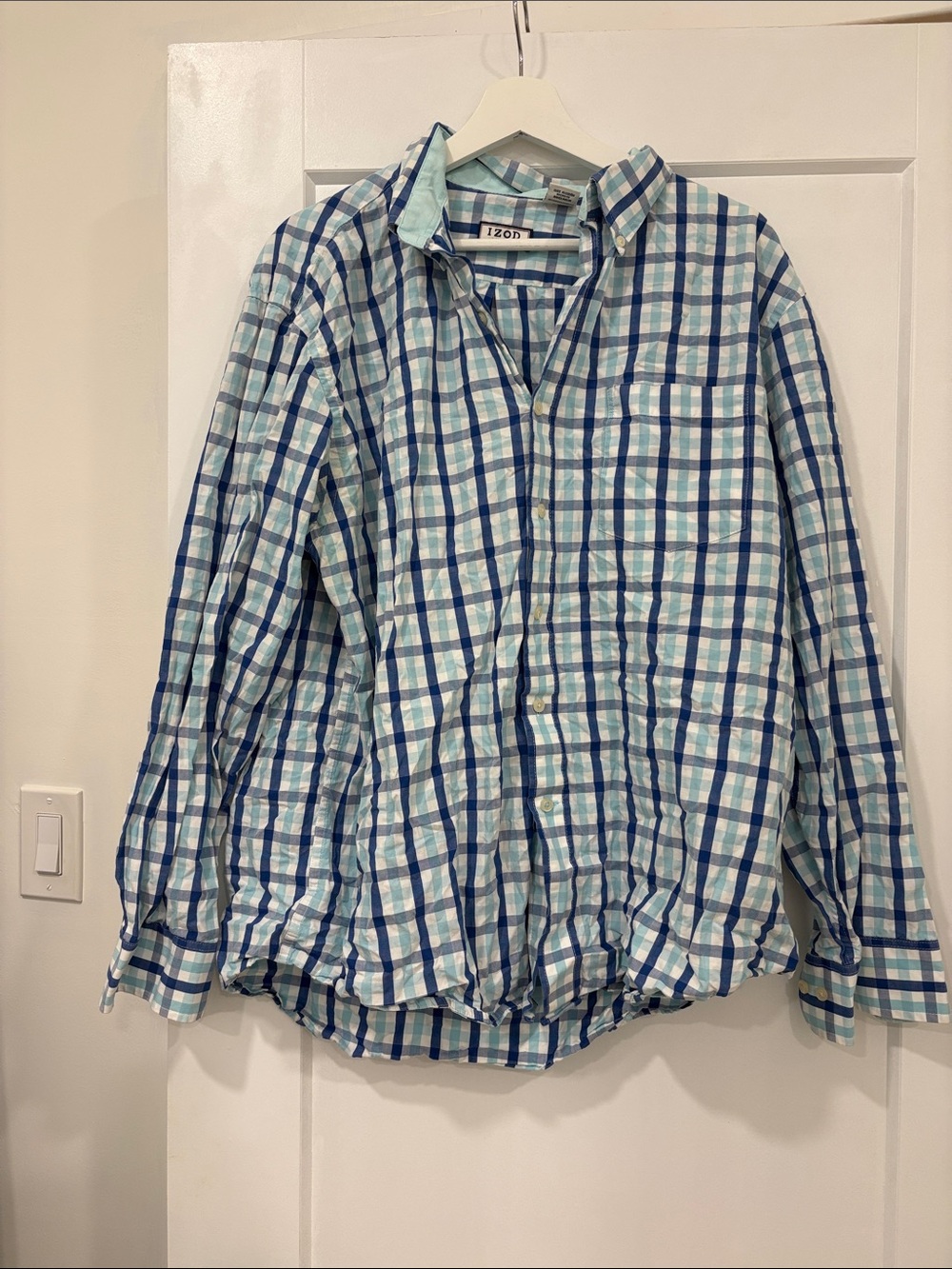 Izod Men’s Blue and White Plaid Button-Down Shirt